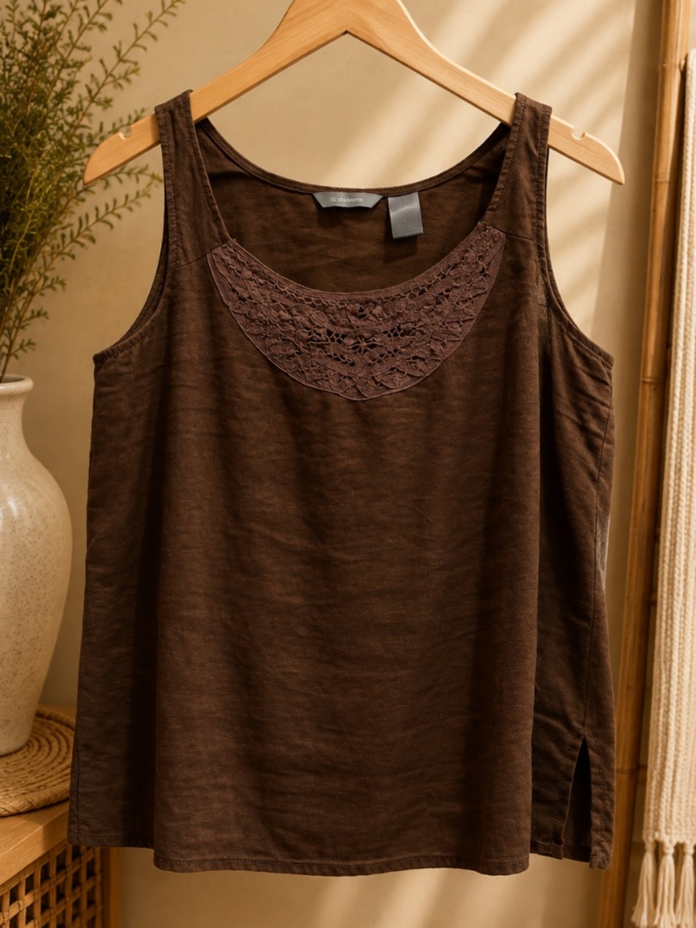 La Chamois Brown Crochet Lace Neck Sleeveless Tank Top